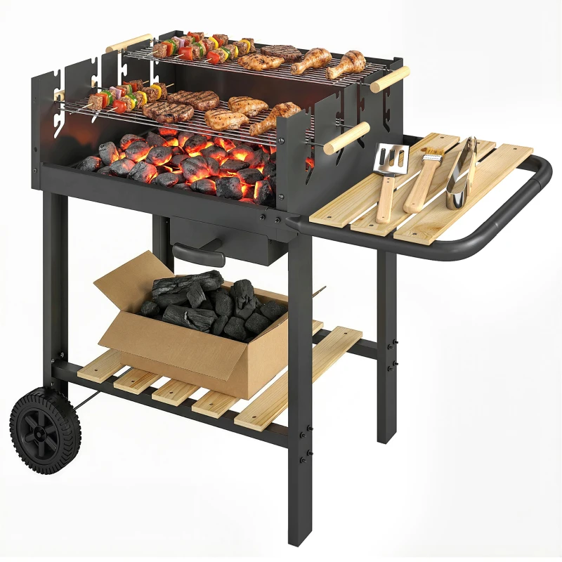 Outsunny Holzkohlegrill Grillwagen mit 4-fach höhenverstellbarer Grillrost 2 Holzablage 2 Räder Aschebehälter 99,5 x 58 x 82 cm