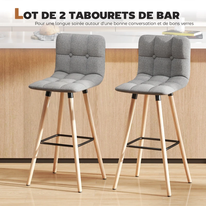 HOMCOM Lot de 2 tabourets de bar, chaises de bar capitonnées avec dossier et repose-pieds, pieds en bois, 41,5x47x97,5cm, gris