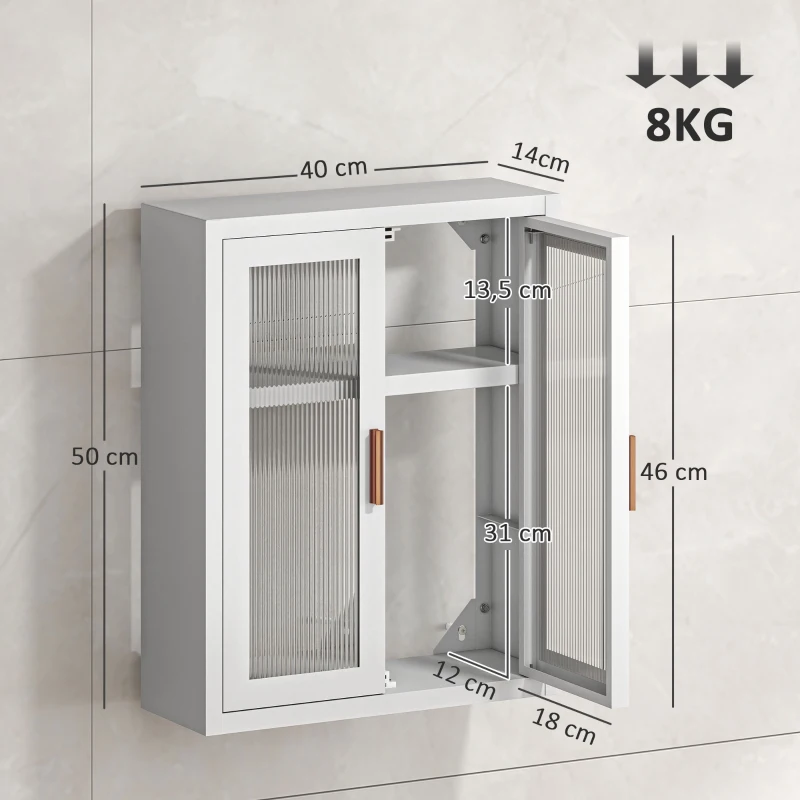HOMCOM Armário de Casa de Banho de Parede com Portas de Acrílico Prateleira Ajustável Fecho Magnético 40x14x50 cm Branco