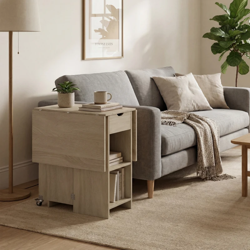 HOMCOM Mesa de comedor plegable para 2-4 personas, mesa con ruedas y compartimento abierto y cajón, ideal para espacios pequeños, natural