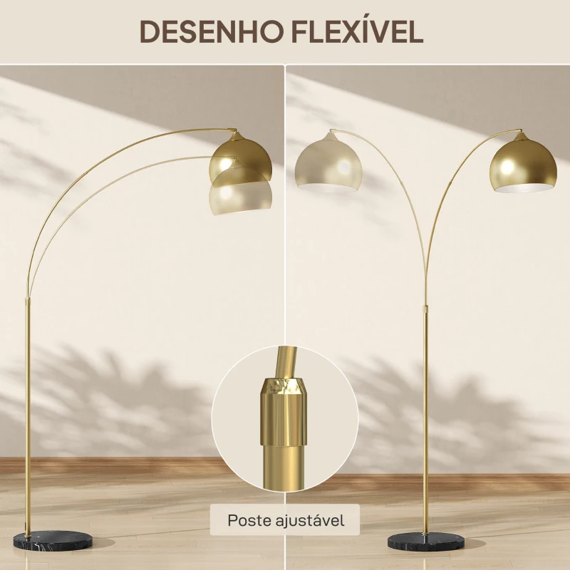 HOMCOM Candeeiro de Pé em Forma de Arco com Altura e Comprimento Ajustáveis com Interruptor de Pé 110-115x30x170-180 cm Dourado e Preto