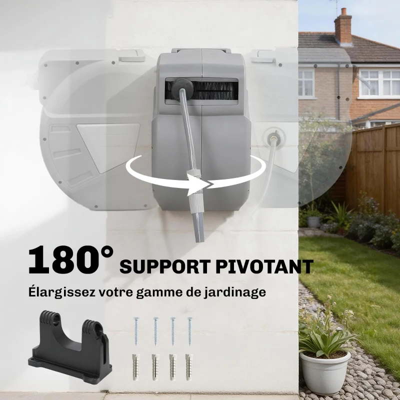Outsunny Enrouleur Tuyau Arrosage Mural 40+2 m x Ø 15mm, Dévidoir de Tuyaux d'Eau Rétractable Automatique Pivotant à 180°, Gris