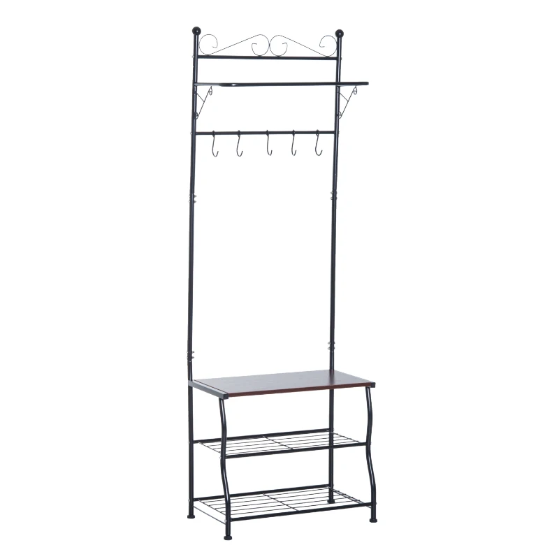 HOMCOM Portant porte-manteaux vestiaire d'entrée style néo-rétro fer forgé multi-rangements 60L x 35l x 175H cm noir