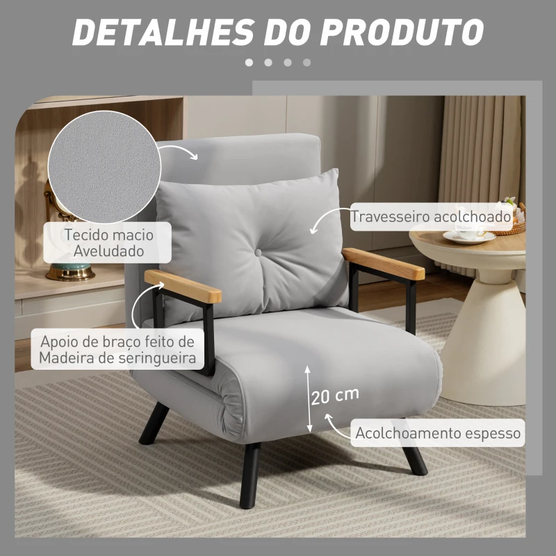 HOMCOM Poltrona Convertível em Cama Poltrona 3 em 1 Convertível em Cama com Encosto Ajustável em 5 Níveis 63x73x81 cm Cinza Claro