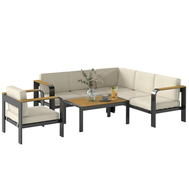 Outsunny 3 Pieces Garden Furniture Set with L-Shaped Sofa, Armchair and Coffee Table, Aluminium Garden Corner Sofa Set