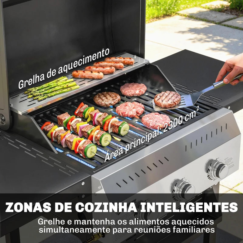 Outsunny Barbecue a Gás com 3 Queimadores 9 kW Termómetro Mesas Laterais Dobráveis e 2 Rodas Ganchos Preto