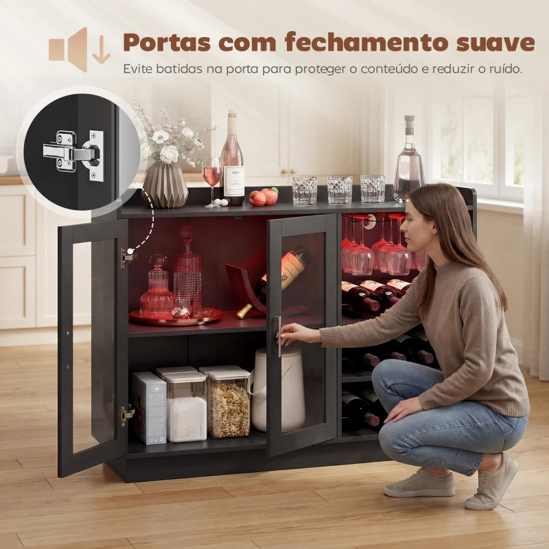 HOMCOM Móvel de Bar com Luzes LED RGB e Porta-Garrafas para 12 Garrafas Armário Buffet para Vinhos para Sala de Jantar Sala de Estar Preto
