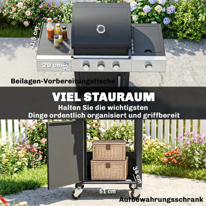 Outsunny Gasgrill 10,5 KW 3+1 Brenner BBQ Grillwagen Edelstahl inkl Seitenbrenner Flaschenöffner Thermometer Gusseisen-Grillrost