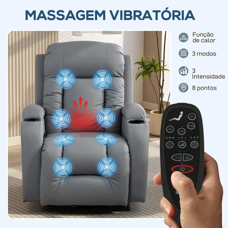 HOMCOM Poltrona de Massagem Giratória Poltrona Relax Reclinável com 8 Pontos de Massagem Função de Aquecimento 82x99x103 cm Cinzento