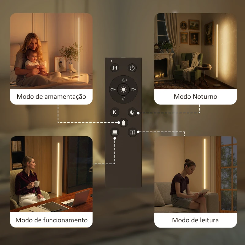 HOMCOM Candeeiro de Pé Moderno com Brilho e Temperaturas de Cor Ajustáveis 3000K-6000K Controlo Remoto Temporizador Ø20x150 cm Prata