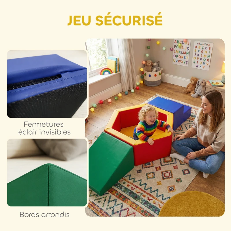 AIYAPLAY Parcours motricité bébé en mousse EPE avec piscine à balles, module motricité bébé avec housse en PU, multicolore