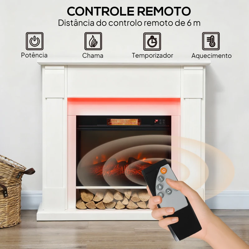 HOMCOM Lareira Elétrica com Efeito de Chama 3D e Tira de Luz LED RGB 1800W Temporizador  para 30 m² 105x27x97 cm Branca