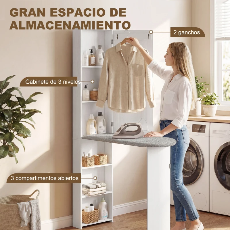 HOMCOM Mueble de Plancha con Espejo Tabla de Planchar Plegable 6 Compartimentos 2 Ganchos 107x35x174 cm Blanco