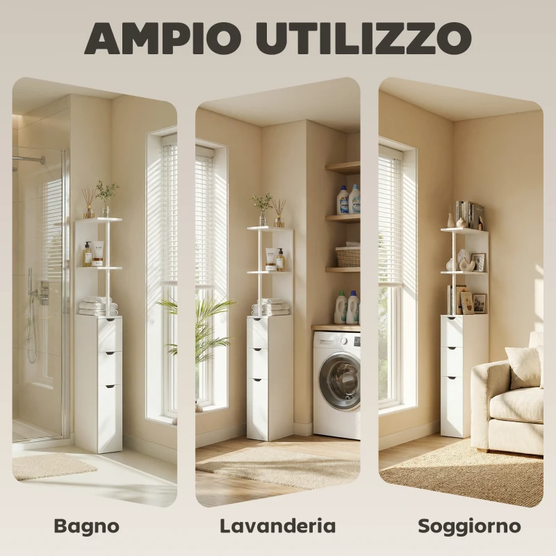 HOMCOM Colonna Bagno con Armadietto, Ripiani e Cassetti, in Legno, 15x33x136.8 cm, Bianco