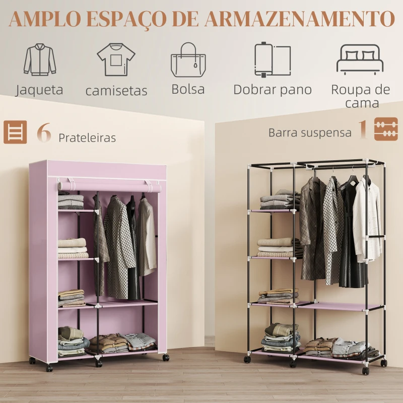 HOMCOM Roupeiro de Tecido Dobrável com 6 Prateleiras 1 Barra de Pendurar e Rodas para Dormitório Vestidor 103x43x162,5 cm Rosa
