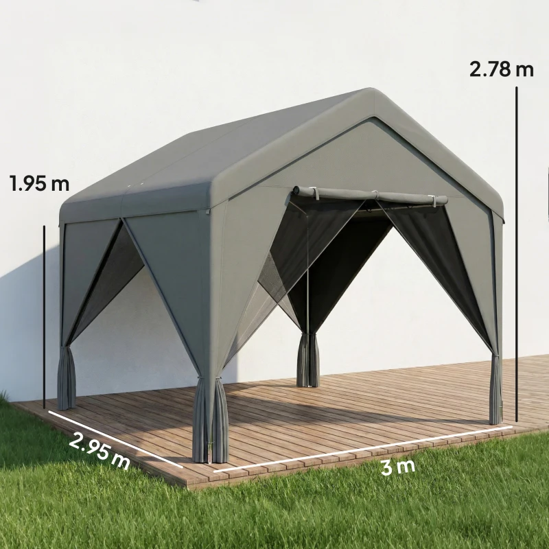 Outsunny 3 x 3 m Patio Gazebo with Netting & Curtains, Outdoor Canopy Shelter with Galvanised Steel Frame, Dark Grey