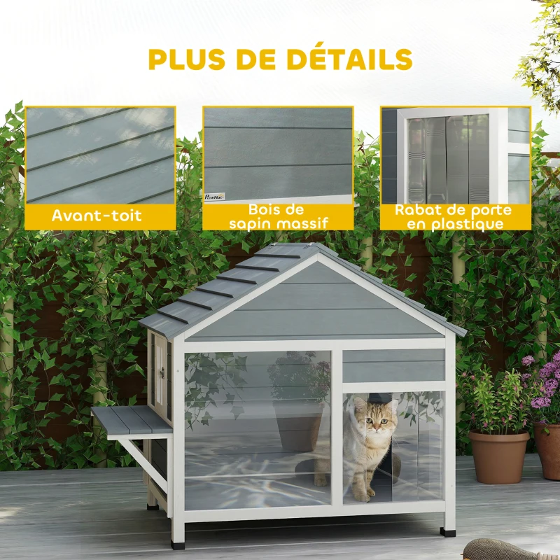PawHut Maison pour Chat Extérieur Toit Ouvrant Fenêtre Panoramique Porte à Lamelles et Plateforme de Repos 101x72,5x81cm Gris