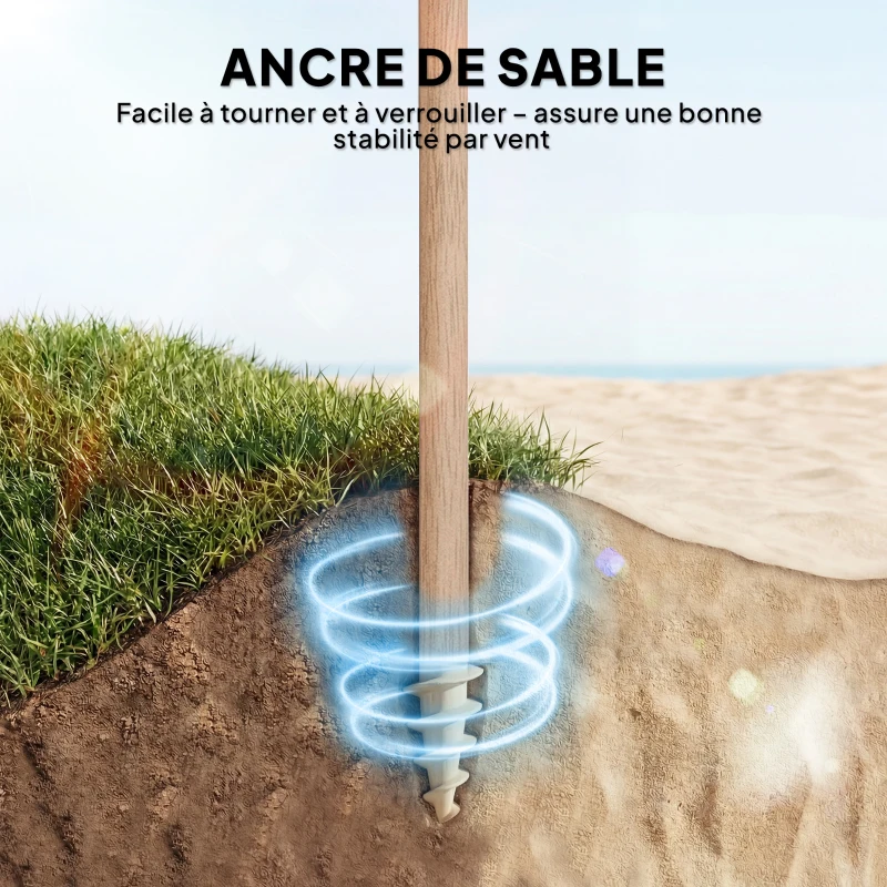 Outsunny Parasol de plage 1,7 m, parasol de jardin inclinable avec ancrage au sable, franges et hauteur réglable, blanc et beige