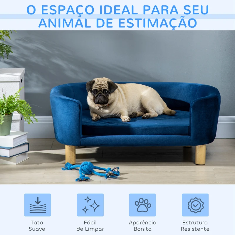 PawHut Sofá para Cães Pequenos com Pés de Madeira Almofada Removível e Capa Lavável  86x55x33 cm Azul