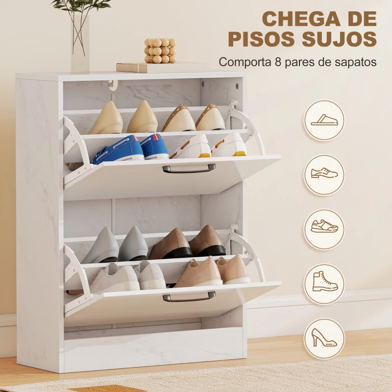 HOMCOM Sapateira Estreita 2 Portas de Alto Brilho com Prateleiras Ajustáveis Design Mármore para 8 Pares de Sapatos 60x24x80 cm Branco