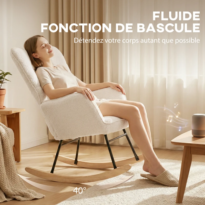 HOMCOM Fauteuil à bascule rocking chair revêtement effet laine bouclée, structure en acier 71 x 98 x 101 cm beige