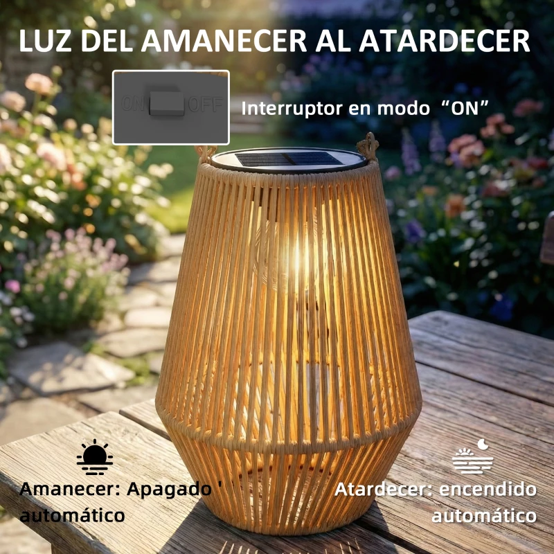 Outsunny Set de 2 Farolas Solares Exterior Linternas Jardín de Ratán Colgantes con Encendido y Apagado Automático IP44 Marrón