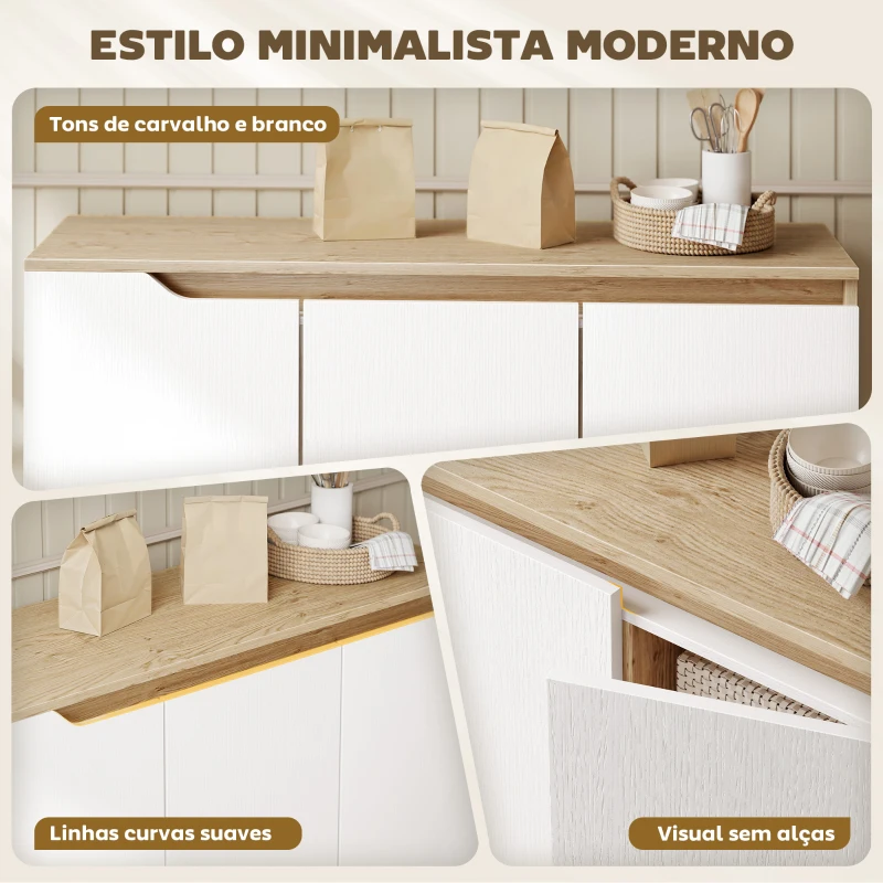 HOMCOM Aparador de Sala com 3 Portas Prateleiras Ajustáveis Pernas de Madeira para Cozinha Entrada 107x35x76,5 cm Carvalho e Branco