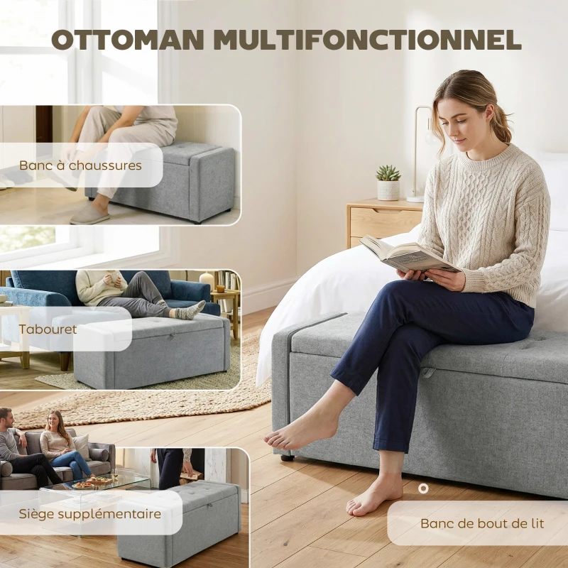 HOMCOM Banc de rangement, bout de lit, repose-pieds rembourré en lin avec assise large, 122 x 48 x 44 cm, gris clair