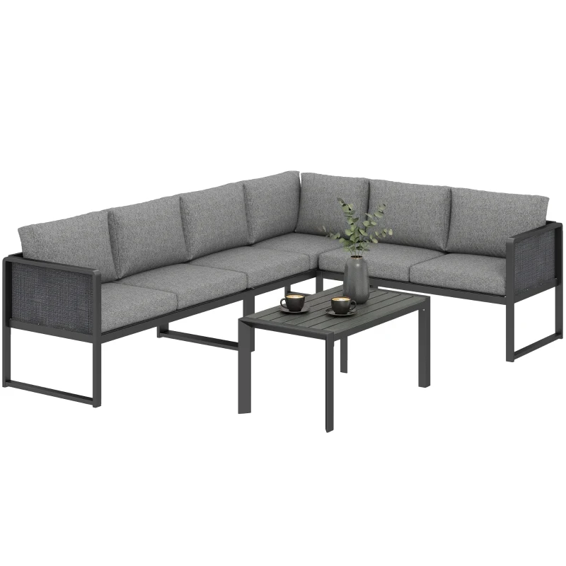Outsunny Ecksofa-Garnitur aus Metall, 3 Sessel, Tisch mit Holzoptik, Dunkelgrau