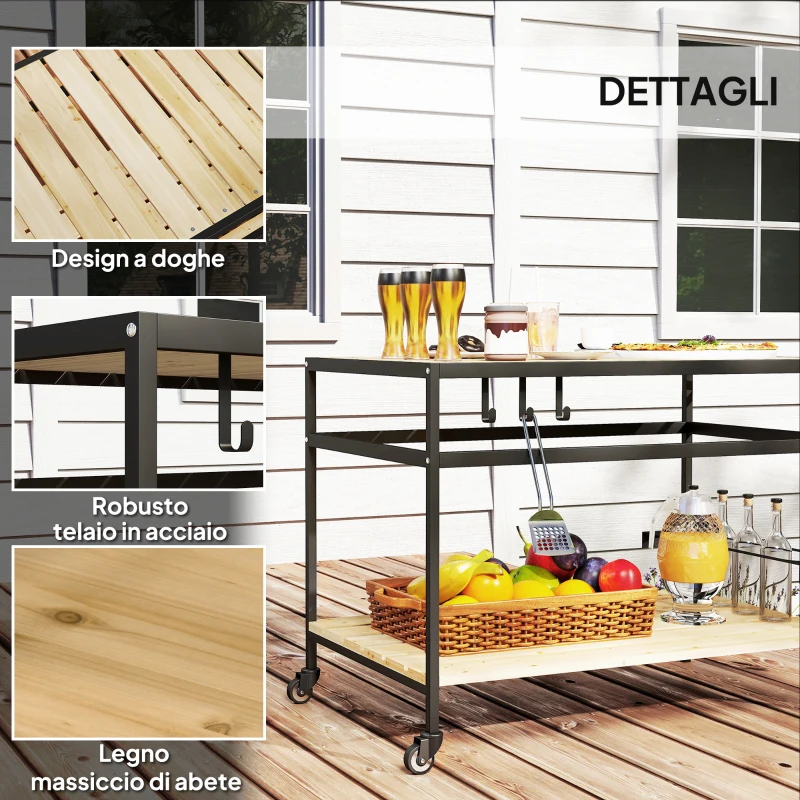 Outsunny Carrello Portavivande da Giardino in Legno a Doghe e Acciaio, Ripiano e Maniglia, 107x65x80 cm