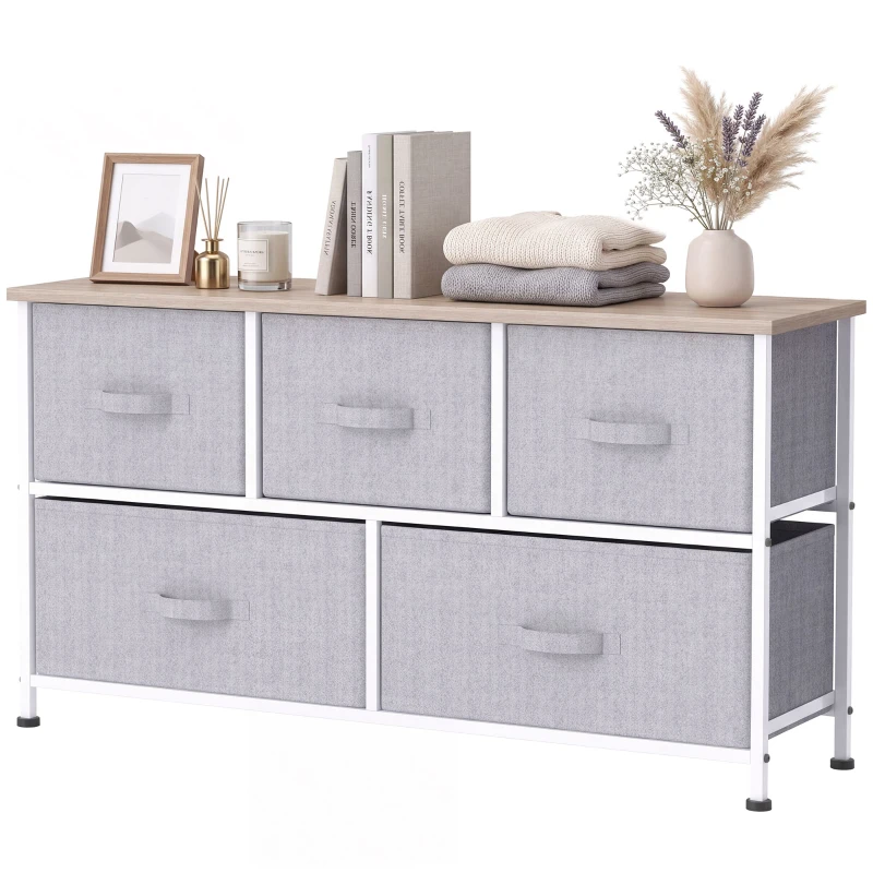 HOMCOM Cómoda com 5 Gavetas de Tecido Cómoda para Quarto Estrutura Metálica 100x30x54 cm Cinzento