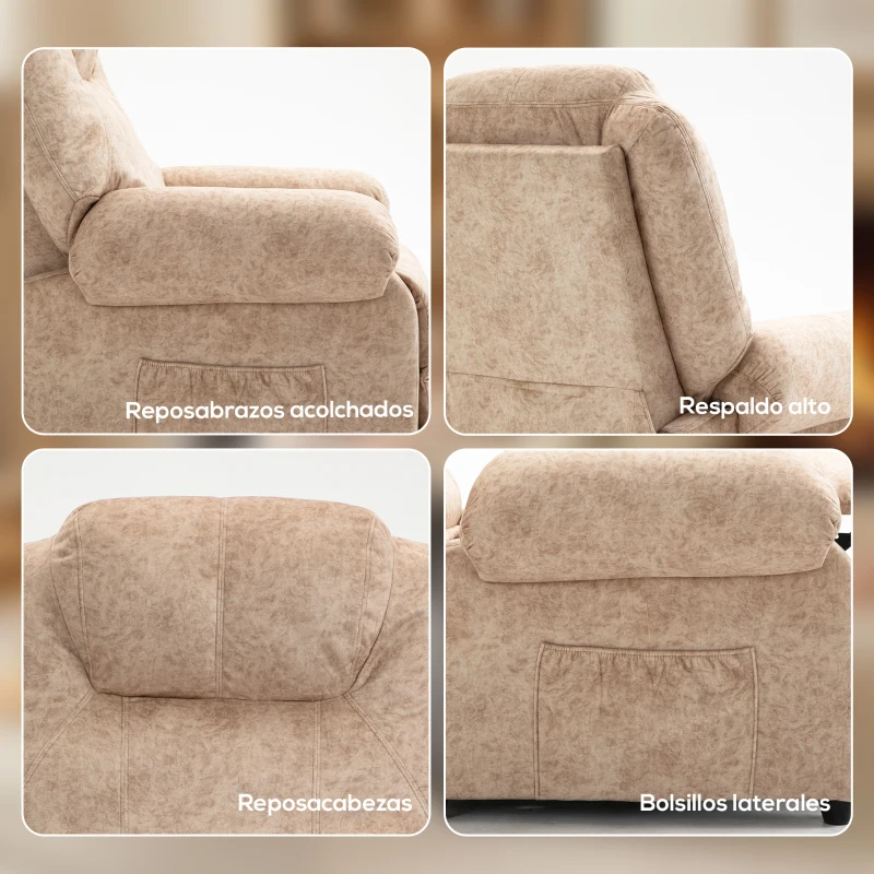 HOMCOM Sillón Relax Reclinable Manual, Sillón Relax de Terciopelo con Reposabrazos, Reposapiés, Acolchado Grueso, Butaca Reclinable hasta 135º para Salón, Dormitorio, Oficina, Beige
