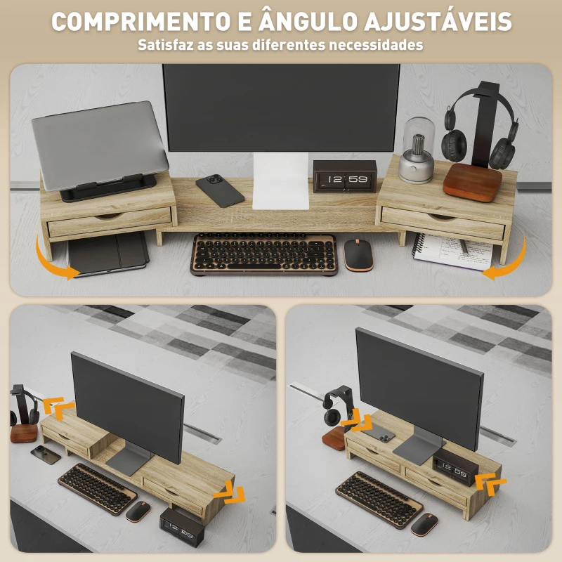 HOMCOM Suporte para Monitor com Ângulo e Comprimento Ajustável e 2 Gavetas para Escritório 60-116x22x12 cm Madeira