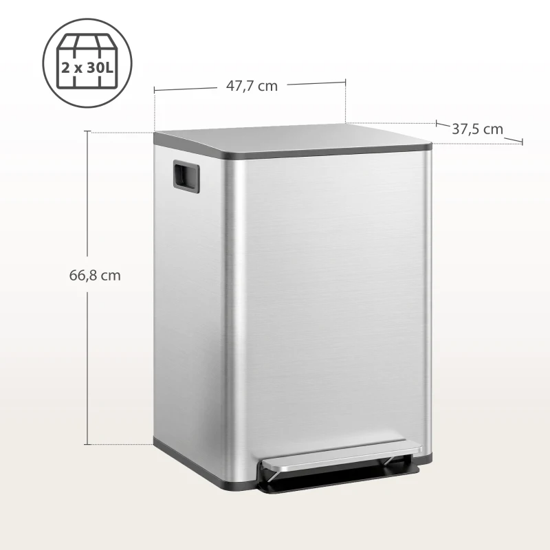 HOMCOM Mülleimer mit 2x30L Fächern, Soft-Close-Deckel, Fingerabdrucksicher, Edelstahl, Silber