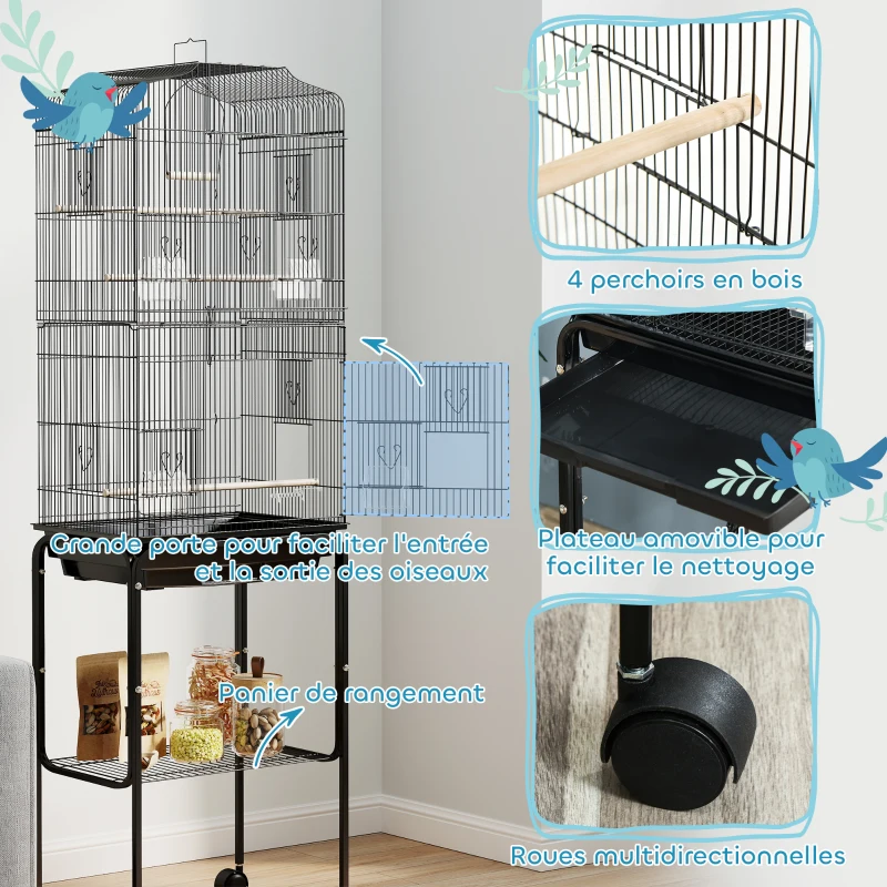 PawHut Cage à oiseaux sur pied volière oiseaux sur roulettes toit ouvrant 3 perchoirs étagère inférieure 46,5x36x157cm noir