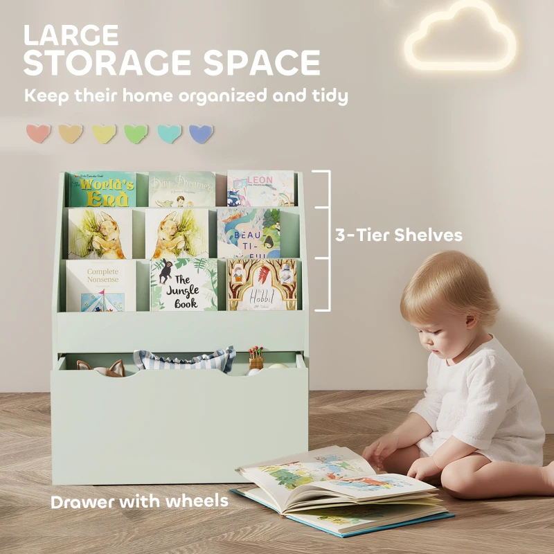 AIYAPLAY Bookcase for Kids with Shelves, Drawer, Bookcase for Bedroom, Playroom, Green