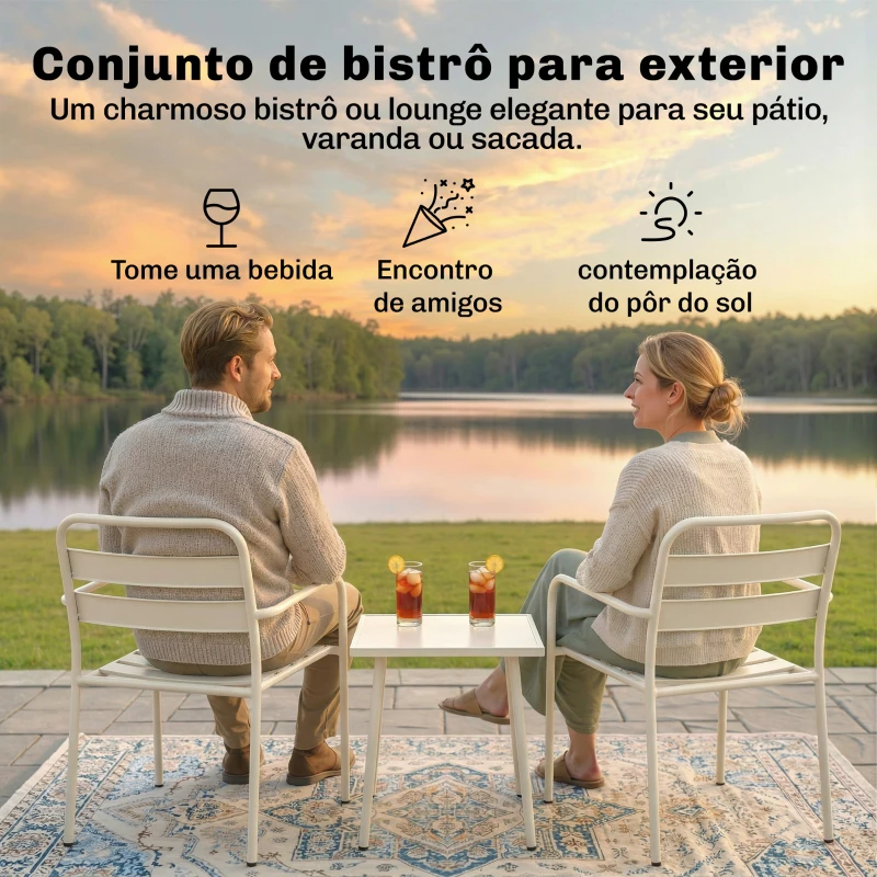 Outsunny Conjunto de Jardim com 3 Peças em Aço Galvanizado com 2 Cadeiras e Mesa de Vidro Temperado Branco