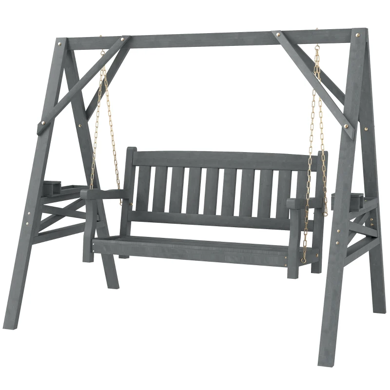Outsunny 2-Sitzer Gartenschaukel, Holzschaukelbank mit Ablagen, Getränkehalter und Metallketten, Grau