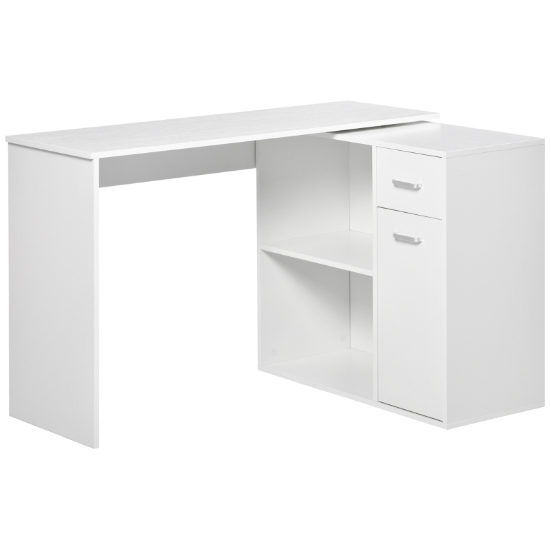 HOMCOM Bureau d'angle rotatif à 180°, bureau d'ordinateur, bibliothèque, tiroir, placard, poste de travail, 117x82x74cm, blanc