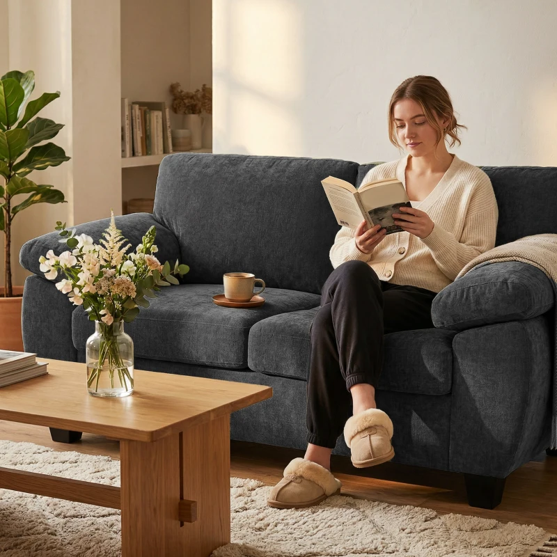 HOMCOM 2-Sitzer-Sofa, 156 cm Chenille-Sofa mit dicken Federkernpolstern, breiten gepolsterten Armlehnen, 300 kg Tragkraft, Dunkelgrau