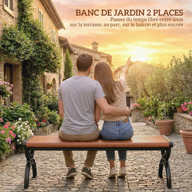 Outsunny Banc de jardin banc extérieur 2 places avec Cadre en Métal et Assise à Lattes, antirouille, 124 x 39 x 39 cm, Effet Bois