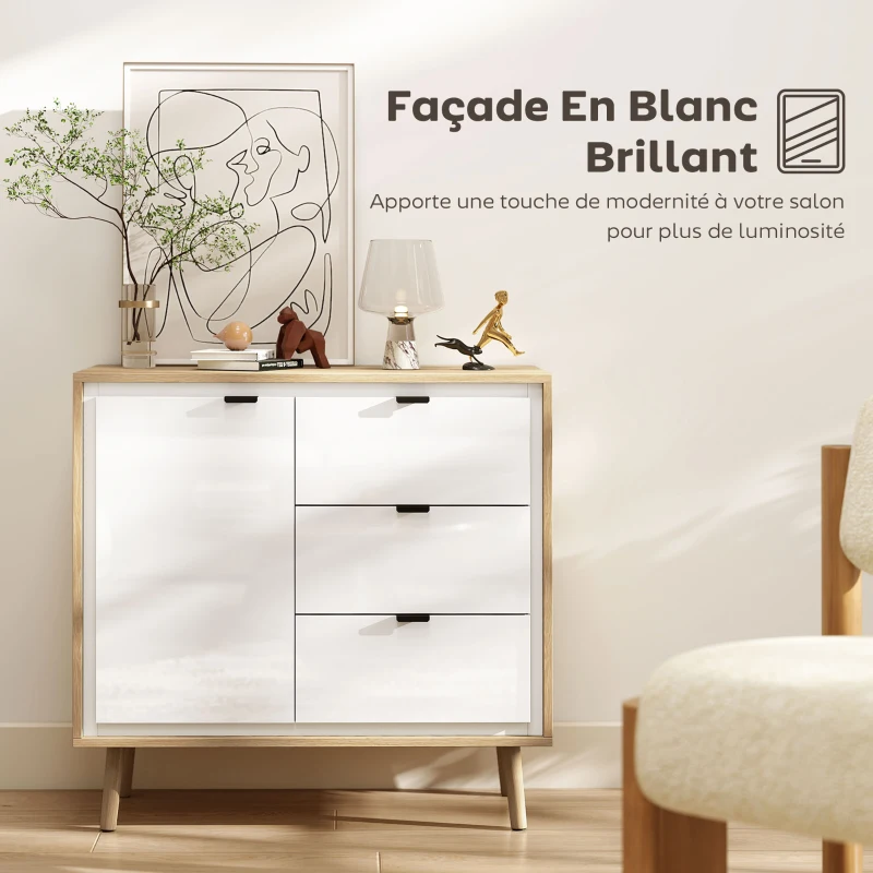 HOMCOM Buffet salon meuble de rangement armoire de cuisine placard à 2 portes 3 tiroirs et étagère réglable, 80x35x77cm, blanc