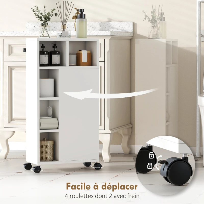 HOMCOM Meuble de salle de bain à roulettes, meuble de rangement étroit, 3 tiroirs, 5 compartiments ouverts,  20x40x80cm, blanc