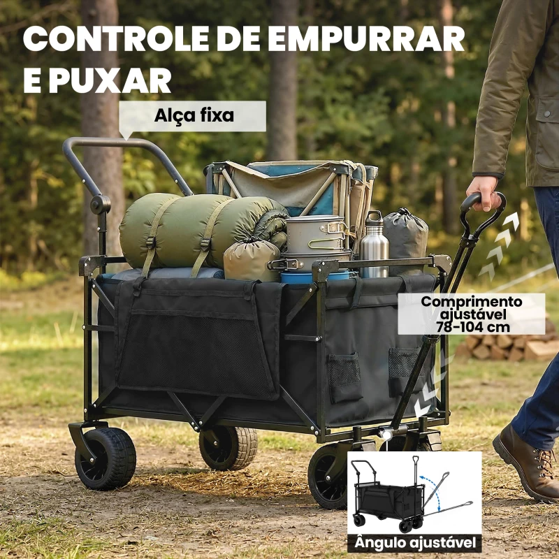 Outsunny Carrinho de Transporte com Rodas Grandes Travão Teto Amovível Carro Dobrável para Jardim com Barra Ajustável 125x59x133 cm Preto