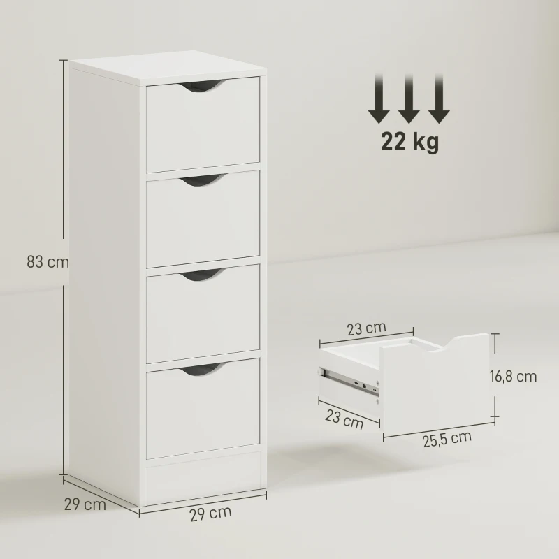 HOMCOM Meuble de salle de bain, meuble de rangement avec 4 tiroirs et poignées en rainure, 29 x 29 x 83 cm, blanc