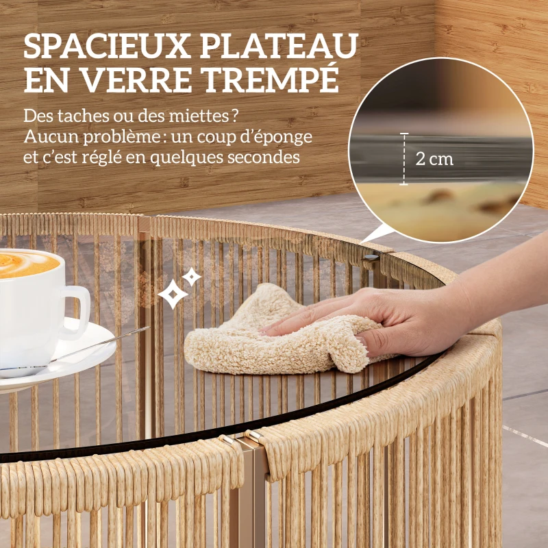 Outsunny Table Basse de Jardin Ronde en Résine Tressée, Plateau en Verre Trempé et Cadre en Acier Galvanisé, 70x70x33cm, Marron