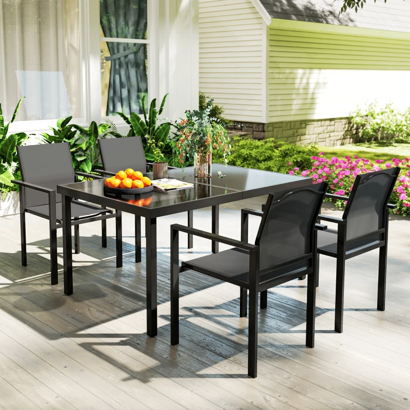 Outsunny Table de jardin extérieure avec 4 chaises empilables, plateau en verre trempé 140 cm, noir