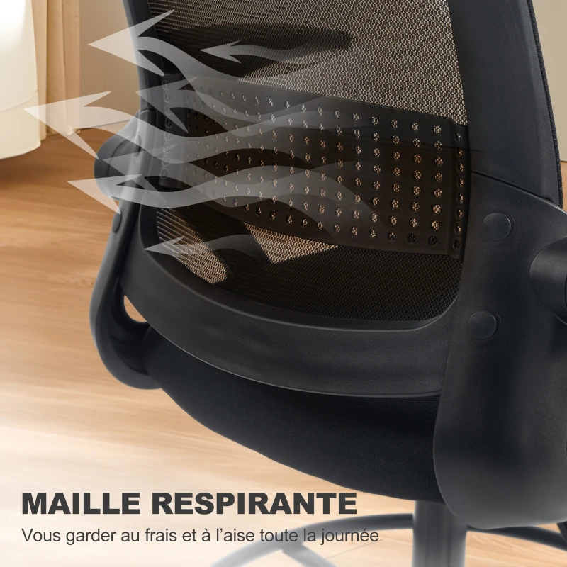 HOMCOM Chaise de bureau en maille, chaise d'ordinateur avec accoudoirs rabattables, hauteur réglable, repose-pieds, noir