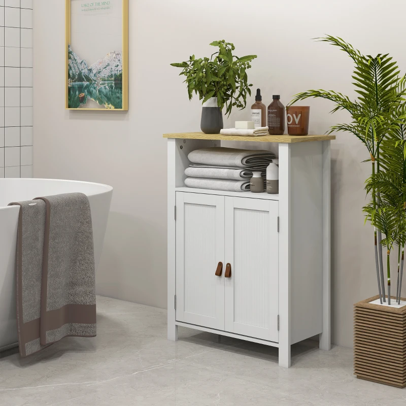 kleankin Meuble bas de salle de bain multi-rangements grande niche placard double porte blanc et naturel