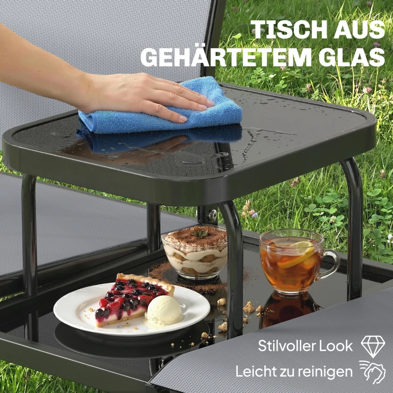 Outsunny 2-Sitzer Gartenbank Sitzbank mit Rücken- & Armlehnen, 2-stufigem Glastisch Parkbank 240kg belast 135 x 67 x 81 cm Grau